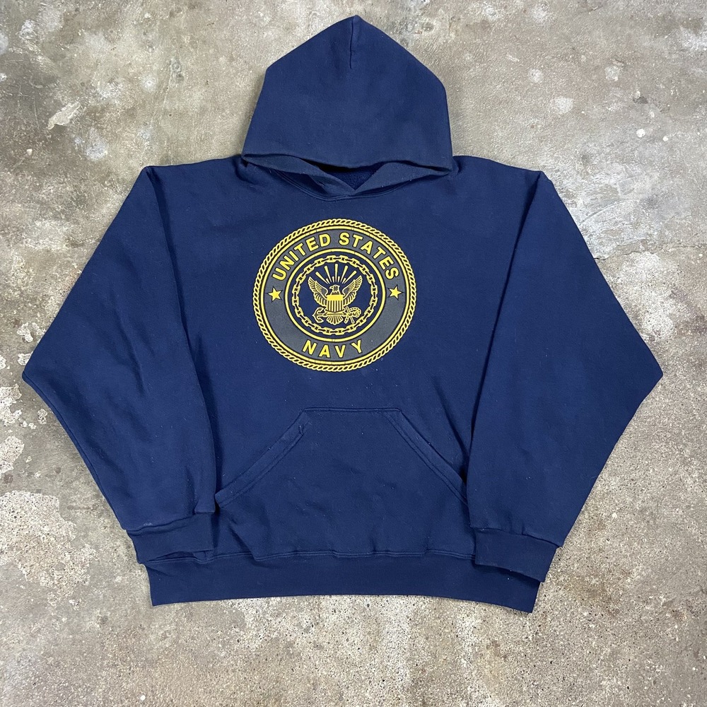 Vintage 90s U.S. Navy Sweatshirt Size Large Blue Fleece Pullover Hoodie Crest